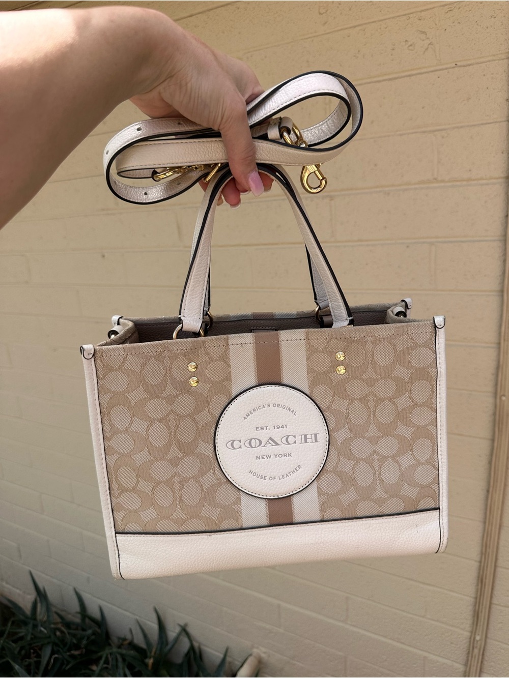 Coach Beige Signature Crossbody Tote with Cream Trim